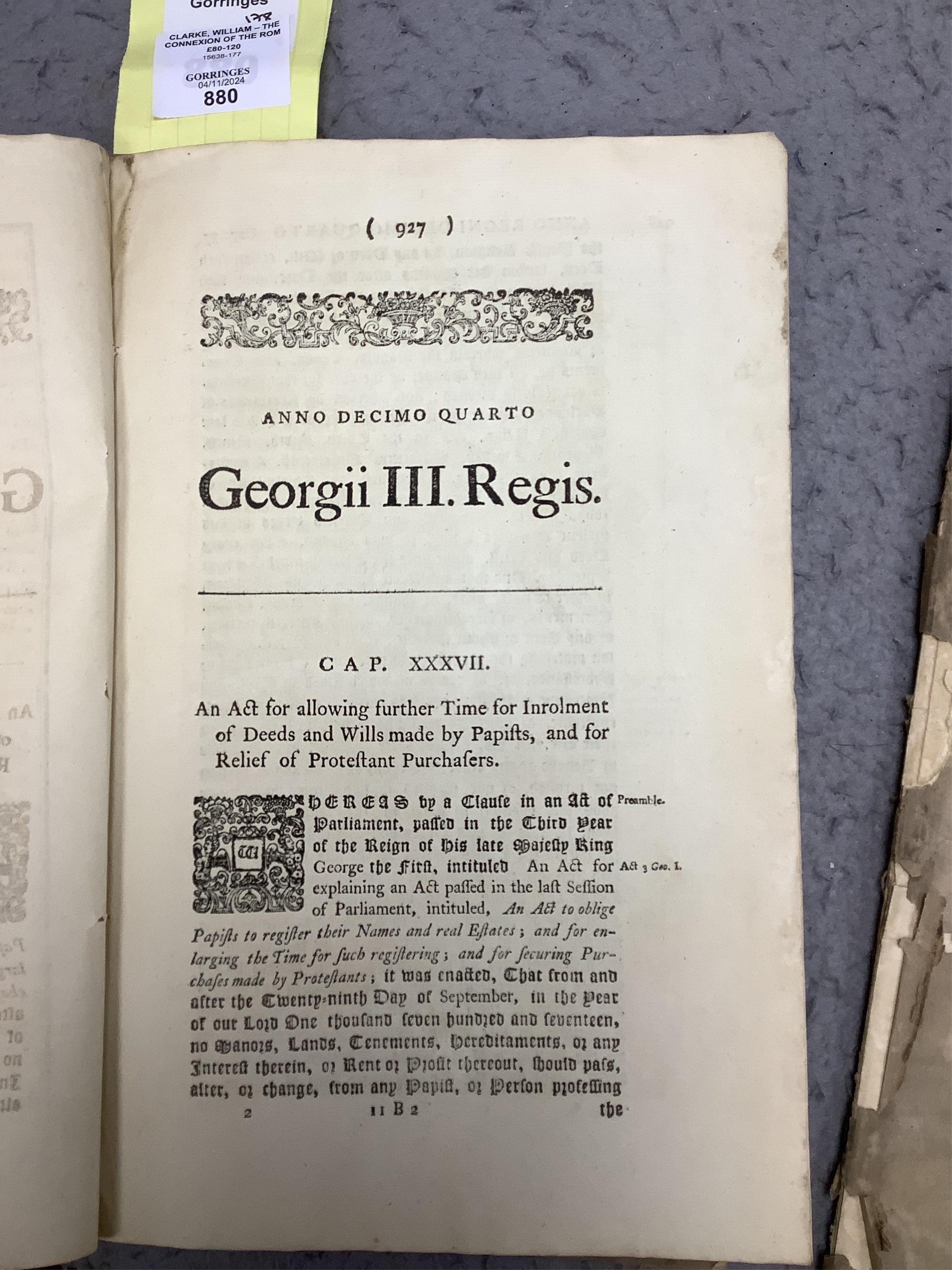 Stamp Acts Etc. Order and Declaration of his Highness The Lord Protector, Feb 8th 1654 p.1-13; George I 1718, p.135-163; George II 1758, p.723-764; George III 1774, p.927-930; 1779, p.415-460; 1782, p.263-294; Rules, Ord